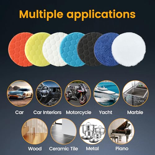 Image of Bufing Polishing Pads - 7Pcs Face for Backing Plate, Car Compound Buffing Sponge Pads and Woolen Cutting Polishing Pad Kit (7 inch)