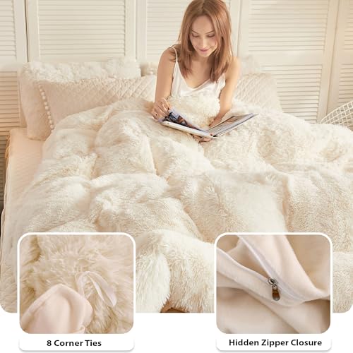 Image of LIFEREVO Luxury Plush Shaggy Duvet Cover Set, Soft Velvet Fluffy Furry Duvet Cover Set(1 Ivory Faux Fur Fuzzy Comforter Cover+2 Pompoms Pillowcases)Solid Bedding Set, Zipper Closure(King, Light Beige)