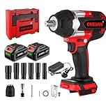 1000N.m(737.56 ft-lb) Impact Wrench Cordless High Torque, 1/2 Inch Brushless Impact Gun, 3 Speed Forward and 2 Reverse Impact Wrenches, with 6 Sockets, 2x3.0Ah Battery, Hard Box, for Tyre Change