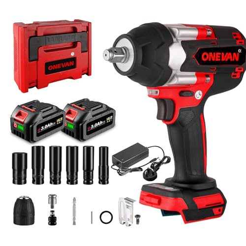 Impact Wrench Cordless Impact Gun, 737.56ft-lb (1000NM) Brushless 1/2 Inch Impact Driver, 3 Speed Forward and 2 Reverse Impact Wrenches, with 6 Sockets, 2x3.0Ah Battery, Hard Box, for Tyre Change