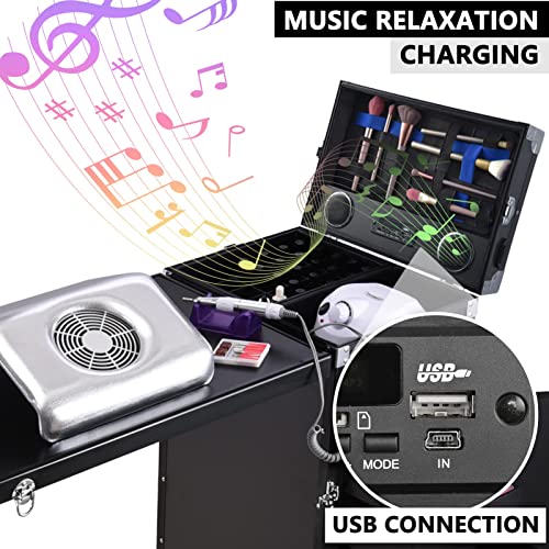 Bei Cheng Rolling Manicure Table Nail Desk Makeup Train Case Travel Cosmetic Trolley Storage Organizer For Technician Workstation Makeup Salon With 4 Drawers Mirror & Speaker Black #TOP1