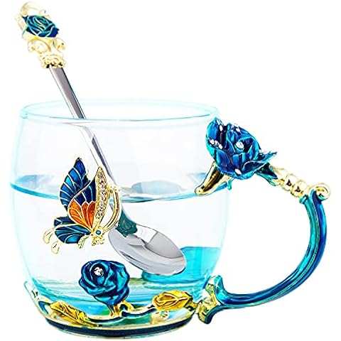 Mug Cups, Clear Glass Cups with Spoon Set, Handmade Butterfly Rose,12 oz Ideal for Friend Wedding Anniversary Birthday Presents (Blue Rose Short) Cover
