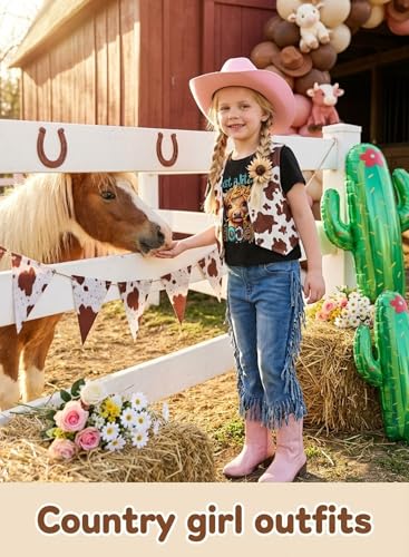 Image of Girls Western Cow T-Shirts - Cute Cowgirl Outfits for Kids Short Sleeve Shirts Funny Tops Rodeo Graphic Summer Tee