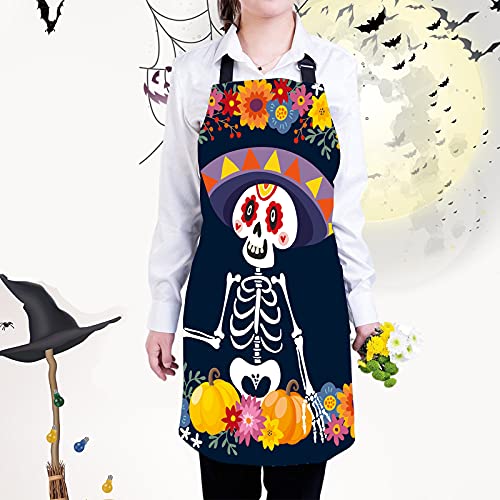 Acpetty Halloween Apron For Men Women Día De Muertos Kitchen Apron Sugar Skull Artist Cooking Chef Apron With Adjustable Neck For Grill Kitchen Baking( 29.5×25.5 In) #TOP6