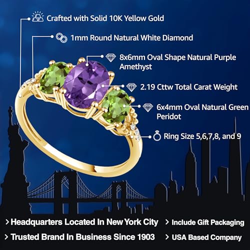 Gem Stone King 10K Yellow Gold Purple Amethyst Green Peridot and Diamond Accent Engagement Ring For Women | 2.19 Cttw | Gemstone Birthstone | Oval 8X6MM and 6X4MM2