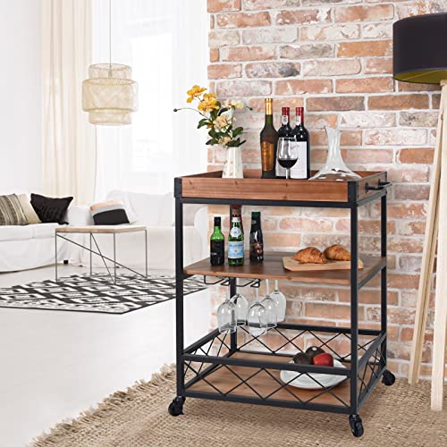 CharaVector Solid Wood Bar Serving Cart,Rolling Kitchen Storage Cart