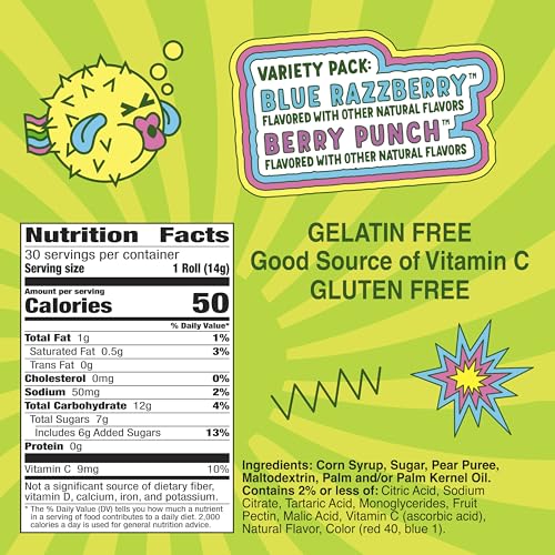 Fruit Roll-Ups Sour Fruit Flavored Snacks, Blue Razzberry & Berry Punch Flavors, Variety Pack, 15 oz (30 Count)