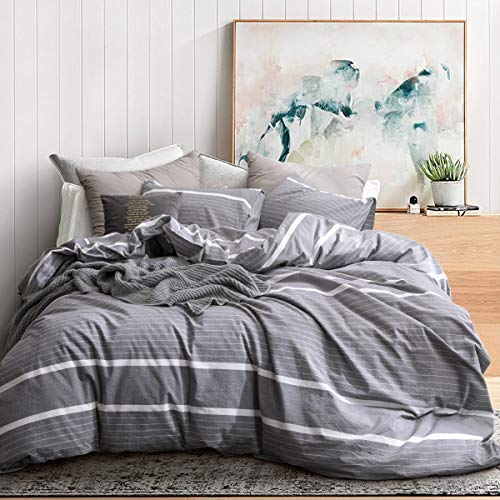 ECOCOTT 3 Pieces Duvet Cover Set Queen 100% Washed Cotton 1 Duvet Cover with Zipper and 2 Pillowcases, Ultra Soft and Easy Care Breathable Cozy Simple Style Bedding Set(Grey with White Stripes)