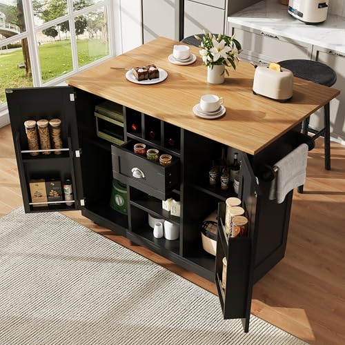 Carro de cocina con ruedas, con encimera de madera, isla de cocina, carrito de mesa con armario de almacenamiento, con tablero plegable, con estante para vino y toallero lateral para cocina y comedor
