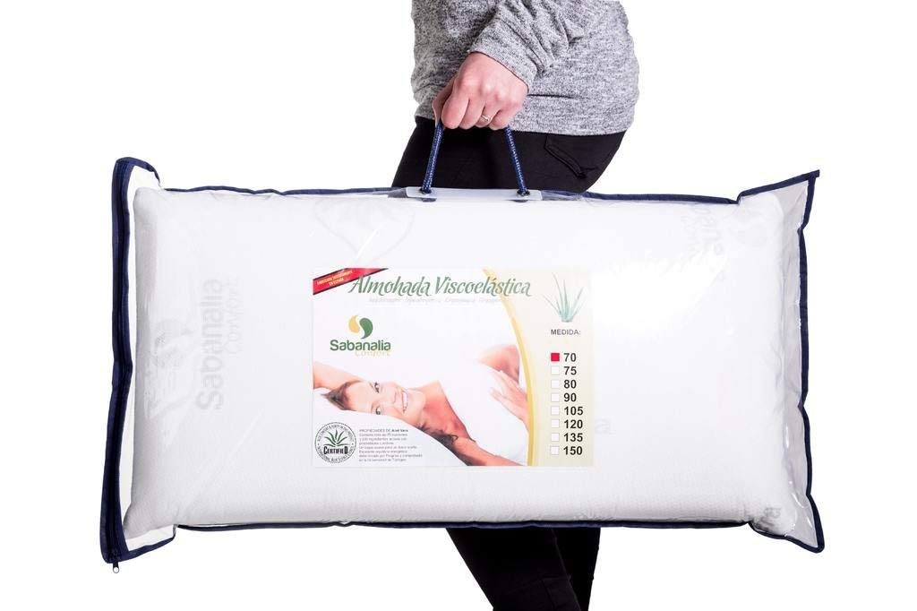 SABANALIA Pack 2 Almohadas Viscoelásticas Aloe Vera Cama 75 | Doble funda: exterior Aloe Vera con cremallera + interior protectora. Altura 14 cm. Medida 75x40 cm.