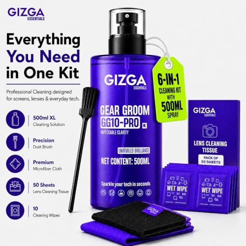 Image of Gizga Essentials 6-in-1 Laptop Cleaning Kit 500ml | Screen Cleaner Spray, 2 Microfiber Cloths, Cleaning Brush, Wet Wipes & Lens Tissues for Laptop MacBook Mobile TV Monitor Camera Gadgets