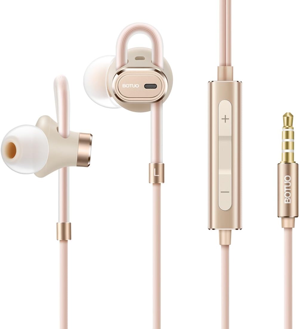 BOTUO Ur2 Noise Cancelling Earphones, In-Ear Headphones, Heavy Bass Earbuds Headphones With Microphone and Volume Control, Suitable for IOS and Android Devices (Rose Gold)