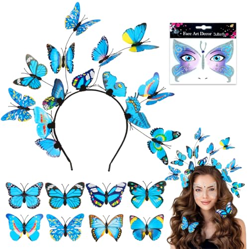 Augesak Schmetterling Haarreif, Blau Schmetterling Kopfschmuck, 1 Schmetterling Stirnband+ 8 Haarspangen, Schmetterling Kostüm Zubehör Set, Fasching Schmetterling Damen Haarschmuck Karneval Haarband