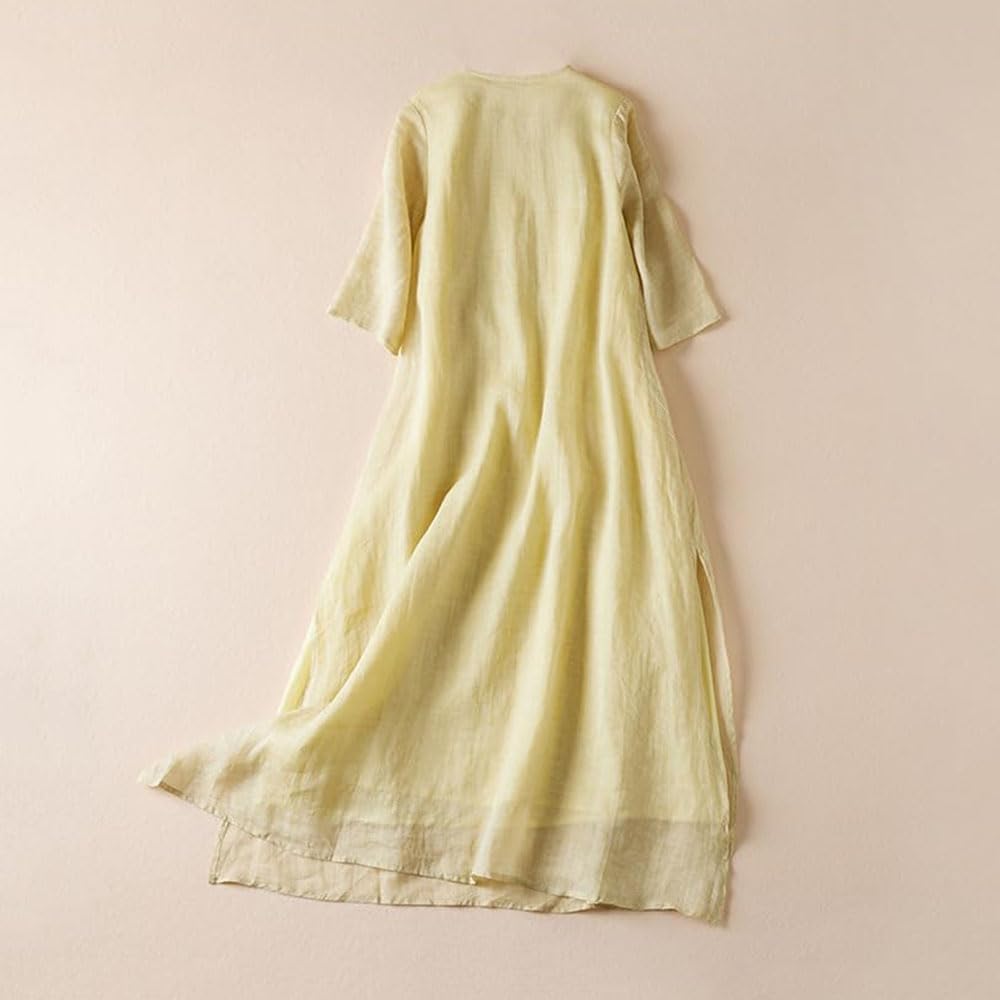 Vestido Largo de Lino y algodón con Bordado Floral para Mujer, vestidoes Fluido de Verano con Media Manga y Cuello Redondo, Vestido Bohemio de Lino y algodón, Manga Larga para invitada de Boda.
