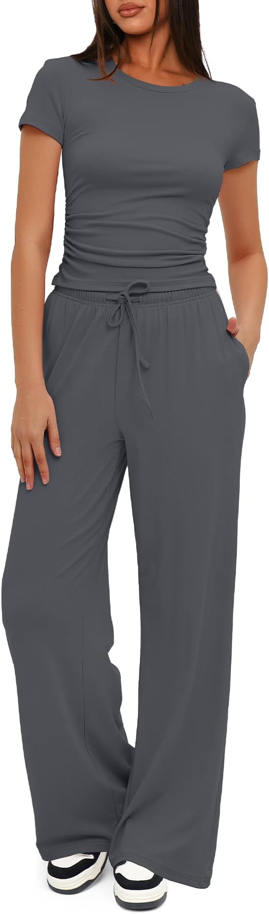 Women's 2 Piece Summer Outfits Lounge Sets Side Ruched Short Sleeve Crop Top & Wide Leg Pants Matching Tracksuit