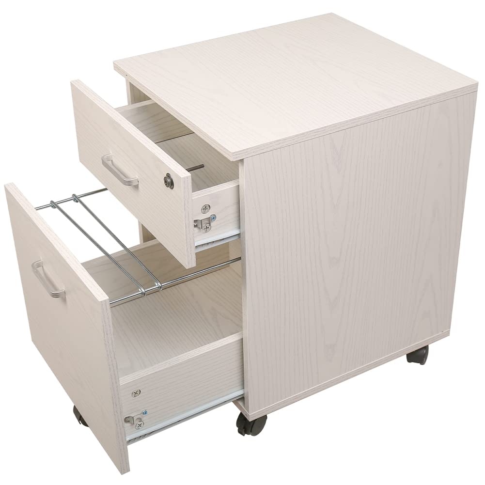 BAKAJI Schedario da Ufficio con 2 Cassetti Serratura con 2 Chiavi, Cassettiera per Scrivania Mobiletto di Legno, Archivio Portadocumenti Salvaspazio, 5 Ruote Mobili Antiribaltamento, 40 x 45 x 55,6 cm