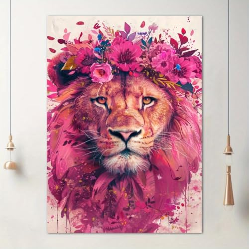 Affiche lion rose avec cadre 40x50cm idée cadeau amoureux animaux
