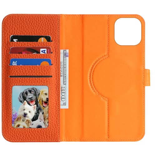 Image of Detachable Genuine Leather Case for iPhone 11 Wallet Case Magnetic 2in1 Removable Flip Cover Book Purse Compatible with Magsafe Charging Kickstand Card Holder-Orange
