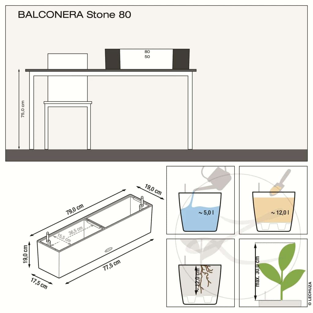 Lechuza BALCONERA Stone 80 steingrau 15660, 79x19x19 cm & Balkonkastenhalter Schwarz(1 Stück = 1 Paar) schwarz 19033