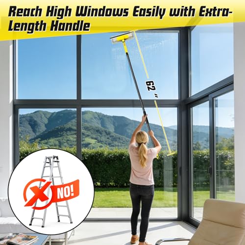 Image of Professional Window Squeegee with 60 inch Extension Pole for Home | 2 in 1 Squeegee for Window Cleaning with Scrubber / Rotatable Head for Car Glass Shower Indoor & Outdoor High Windows