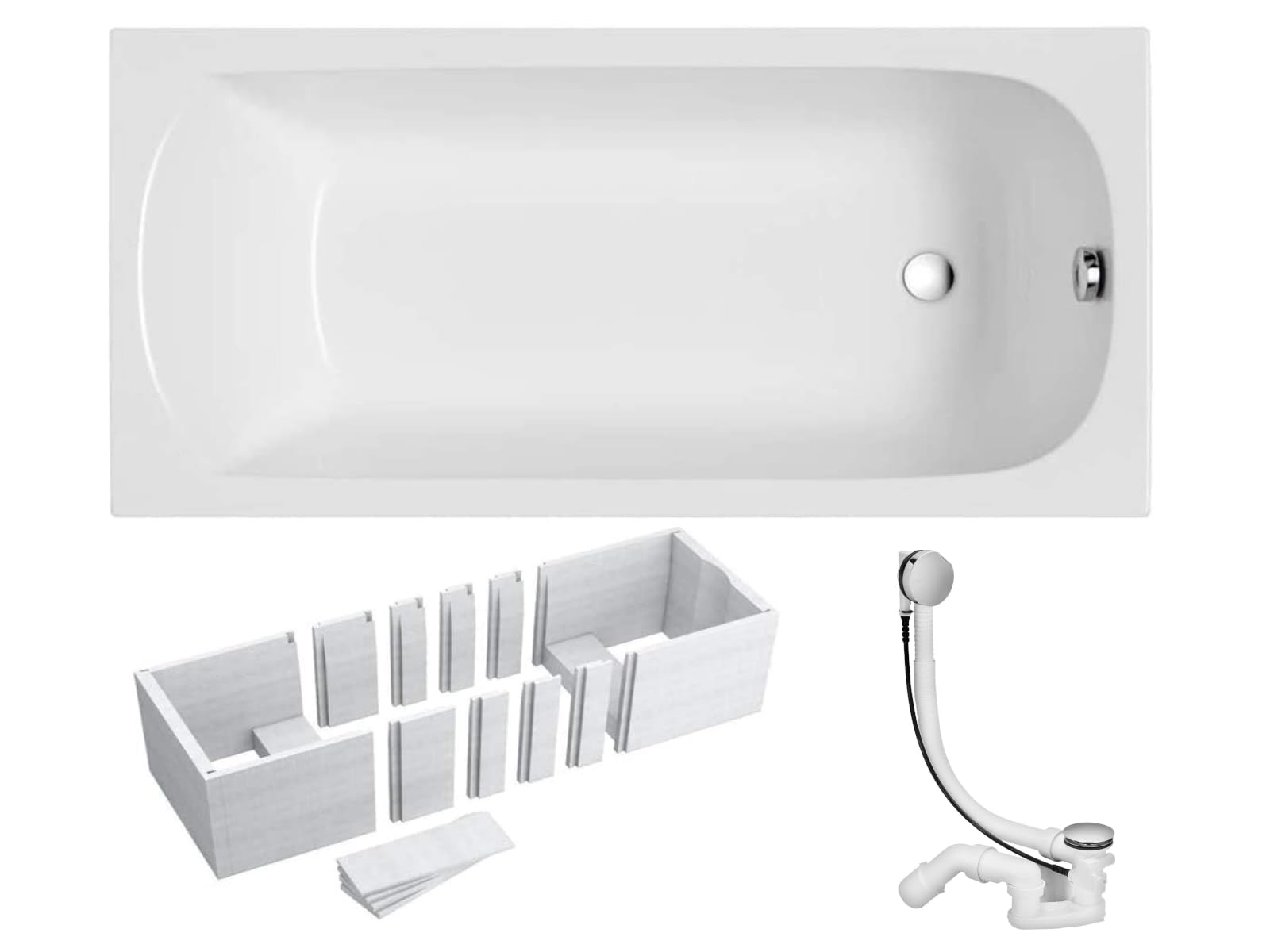 VBChome Baignoire en acrylique 130x70cm Set 3 en 1 Support de baignoire, siphon, baignoire rectangulaire blanche, design classique avec support en polystyrène dispositif d'écoulement en chrome blanc