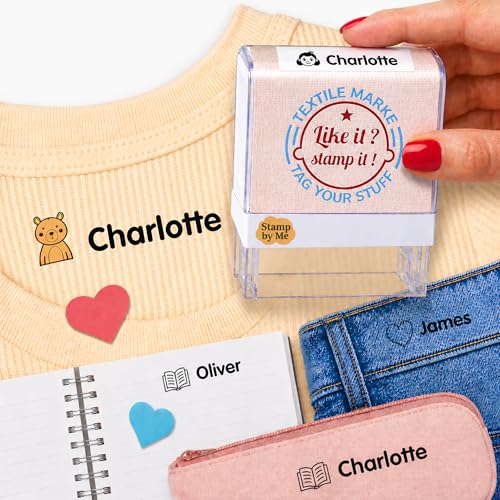 Tampon Vetement Enfant Stamp by Me | Tampon Personnalisé à Encre Imperméable | Tampon Encreur Textile | Timbre nom Vêtements Enfants | 9 Designs Exclusifs...