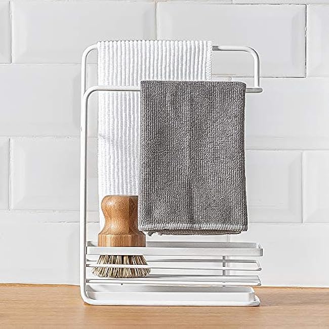 Poeland Sponge Holder with Drain Pan, Dishcloth Rack Kitchen Sink Caddy Organizer for Sponge Brush Soap Dish Rag