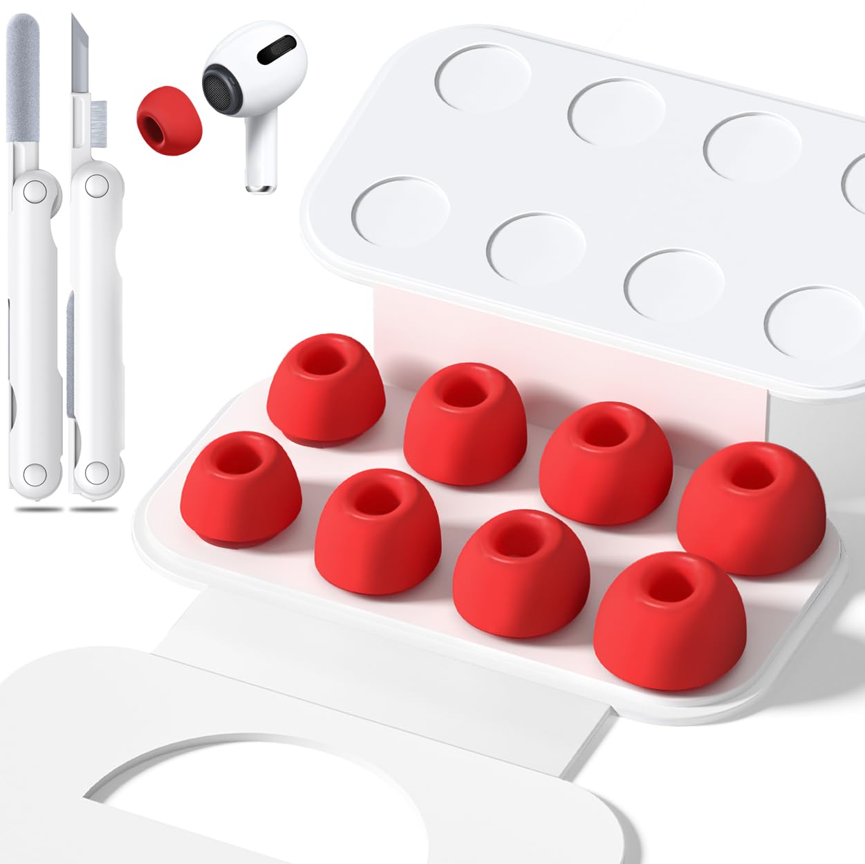 4 Pairs Replacement Ear Tips for Airpods Pro 1/2 with Hole for Noise Reduction, Silicone Earplugs for Airpods Pro with Cleaning Set & Portable Storage Box, 4 Sizes (XS/S/M/L) White — view 13