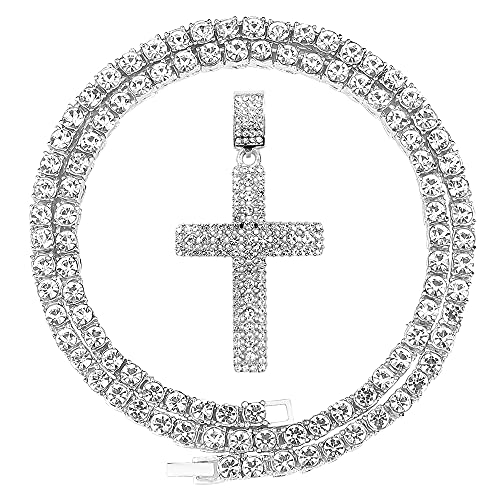 HH BLING EMPIRE Gold/Silver Diamond Cross Pendant Necklace for Men Women-Iced Out Chains with Cross Necklace 24 Inch (Cross F-Silver & Tennis Chain)