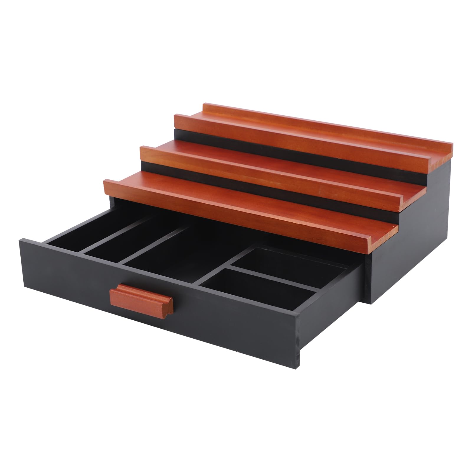 3 poziomy, drewniany organizer na perfumy z szufladą, czarny | 30 x 20 x 10 cm stopniowany stojak na perfumy pudełko do przechowywania figurek, lakierów do paznokci, kosmetyków