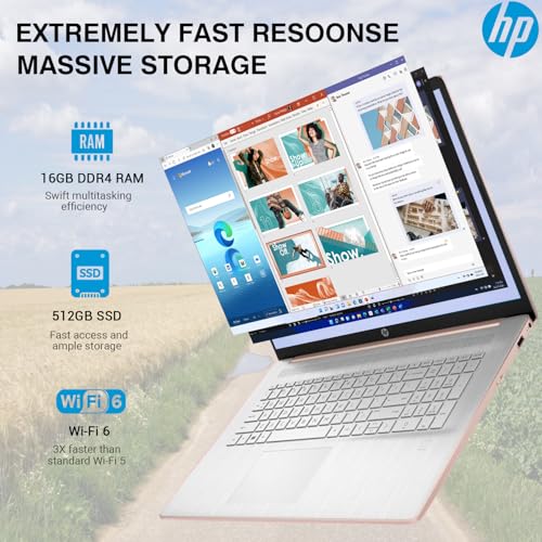 Image of HP 17 Touchscreen Laptop PC, 17.3 Inch HD+ Touch Screen Business Laptop Computer, Intel 10-Core i7, Windows 11 Pro, 10-Key Backlit Keyboard |Fingerprint | Rose Gold | 16GB RAM 512GB SSD