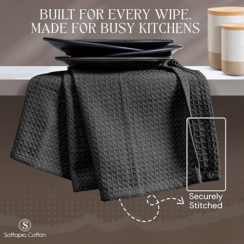 Image of Black Waffle Kitchen Dish Towels, 100% Cotton, Quick Dry, Super Absorbent, Soft, 16x26 Inches - Ideal for Dish Drying, Bar, Hand Wipe, Cleaning, and Everyday Use, 4 Pack