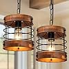 Doresshop 8 rustic farmhouse chandelier for dining room 1 light round cage black metal brown wood pendant light fixtures adjustable hanging light fixture for kitchen island foyer hallway 2p e26  urban country home decor