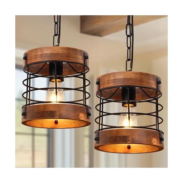 Doresshop 8 rustic farmhouse chandelier for dining room 1 light round cage black metal brown wood pendant light fixtures adjustable hanging light fixture for kitchen island foyer hallway 2p e26  urban country home decor