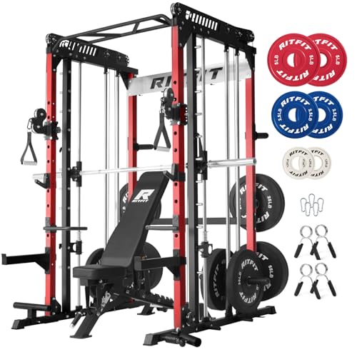 RitFit M1 Pro SmithMachine with Cable Crossover System Multi-Function Squat Rack Power Cage for Home Gym Power Rack and Packages Redbp370 Package