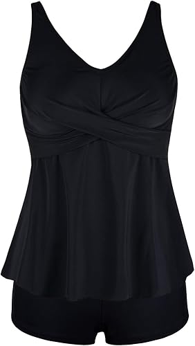 Septangle Women's Two Piece Swimsuit V Neck Tankini Bathing Suit for Big Bust Plus Size Swimwear with Boy Short