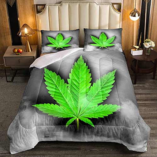 Erosebridal Cannabis Leaves Comforter Set Queen Size,Marijuana Weed Leaf Bedding Set, Marijuana Herb Botanical Duvet Set for Kid Teens Boys Teens, Grey Grunge Style Quilted Duvet, Green, Trendy