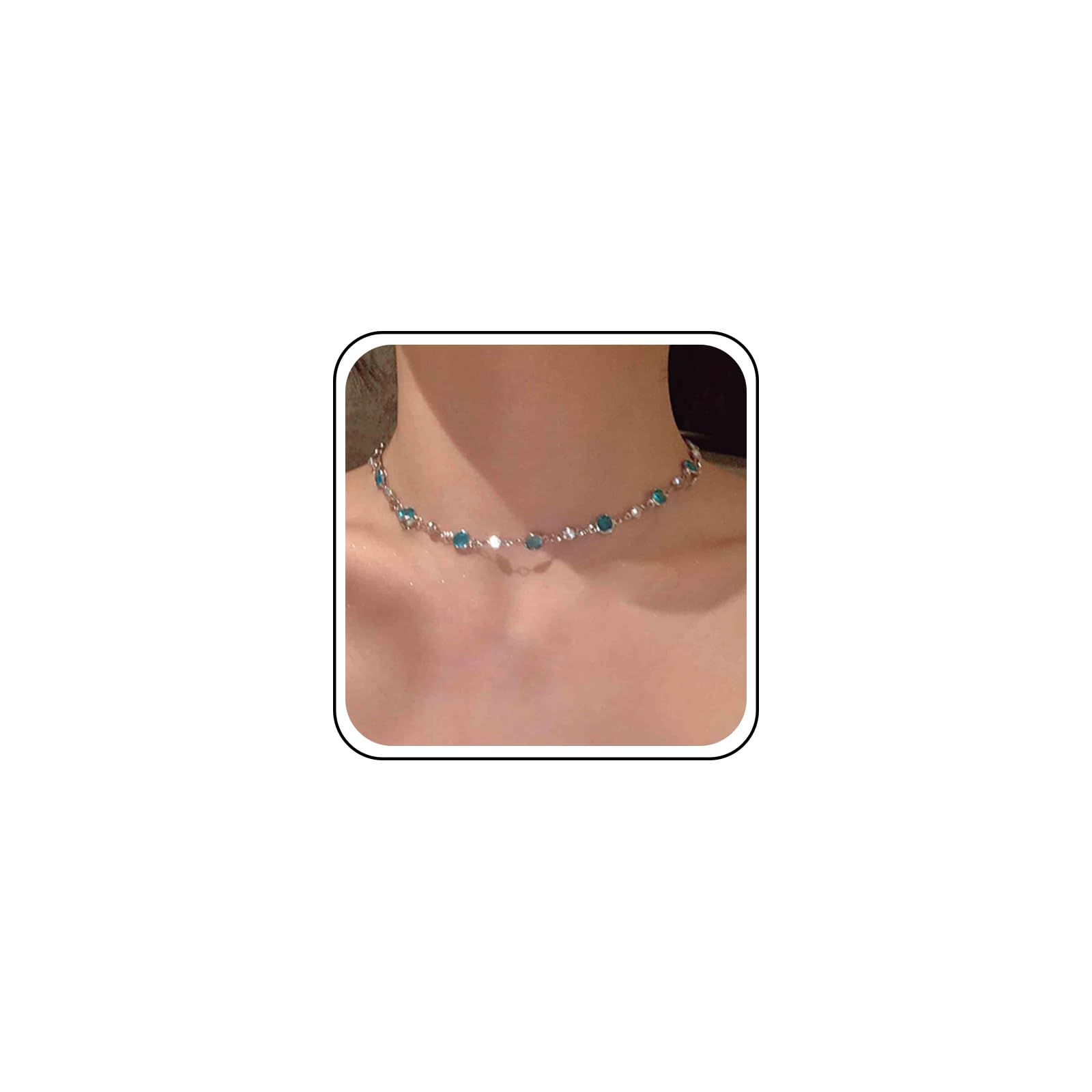 AneneiceeraBohemia Tiny Blue Rhinestone Choker Necklace Blue Cz Crystal Necklace Silver Chain Station Blue Topaz Necklace Jewelry for Women