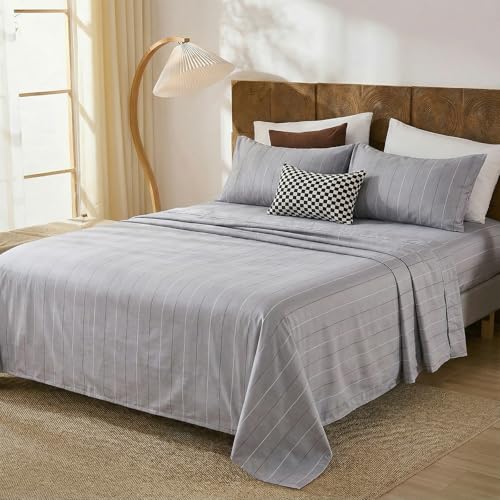 Image of Merryword Gray Pinstripe Sheet Set Queen Size - 100% Cotton Striped Bedding 4 Pieces, Soft Breathable Percale Weave, 17.5 inch Deep Pocket, Luxury Linen Like, All Season Comfort