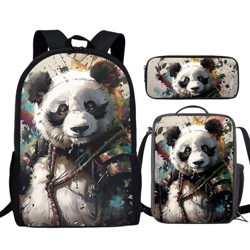 Bulopur Children's Panda Book Bag Set of 3, Kids School Backpack Schoolbag Bookbag Purses Lunch Tote Bag Pencil Case Box for Toddler Girls Boys