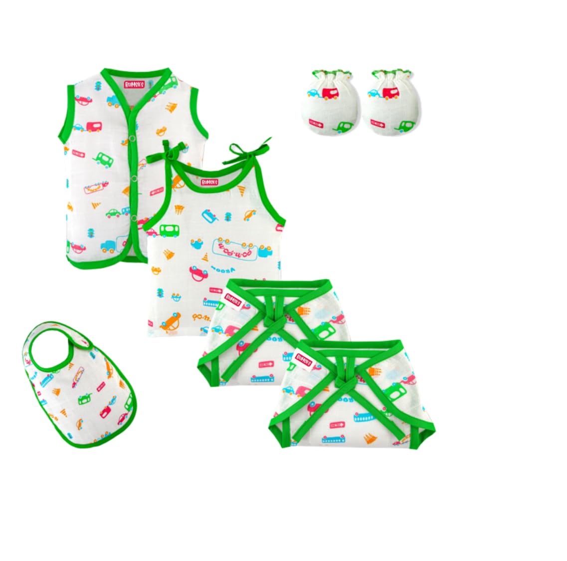 BUMSIES New Born Baby Combo 100% Cotton Gift Set - 1 Printed Cotton Sleeveless Vest,1 Slip,1 Bib, 2 Cloth Lace Nappy & 1 Pair Cotton Hand Mittens - Pack of 6 (Traffic Print 0-3 Months)-image-41