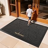 LUMI Premium Front Door Mat 32'x47', Non-Slip Heavy Duty Rubber Welcome Mats, Embroidered Tree Dirt Trapper Doormat for Indoor Outdoor Entryway, Porch, Patio, Grey Gold Monstera