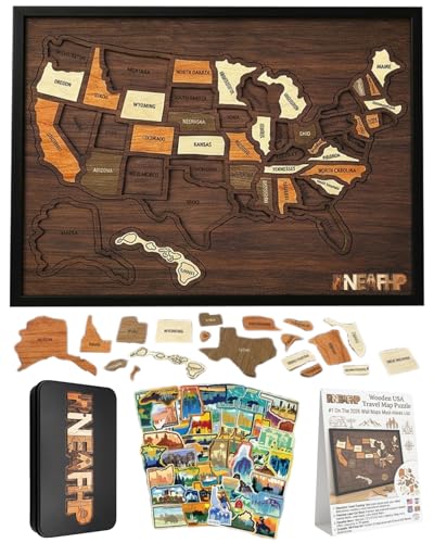 Wooden USA Travel Map Puzzle United States Journey Tracker Maps Pin Board for Us Traveling with Elements Sticker Rv Vacations Home Classroom Wall Art Home Decor for Families Couples(1PC)