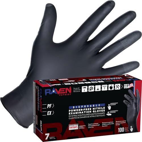 SAS Raven Patriot Powder-Free Nitrile Disposable Gloves | 7 Mil - 2XL | Black, Box of 100| Latex Free, Compression Fit, Textured Grip | Paint, Automotive, Industrial, Janitorial, Food Service