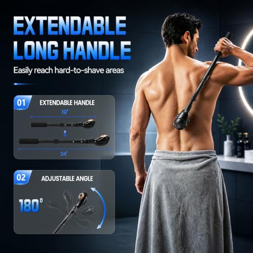 Image of ZOMU Electric Back Shaver for Men - Drop-Proof Snap-Lock Design, 6 in 1 Long Handle Back Groomer with 7D Floating Head, Multi-Function Full Body Trimmer, LED Display, IPX6 Waterproof（Black）