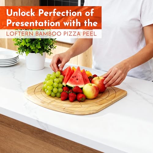 Image of Wooden Pizza Peel 12 Inch Board with Engraved Sizes - Multi-Purpose Bamboo Pizza Cutting Board, Wood Pizza Peel, Pizza Spatula Paddle, and Serving Board with Size and Cutting Guide