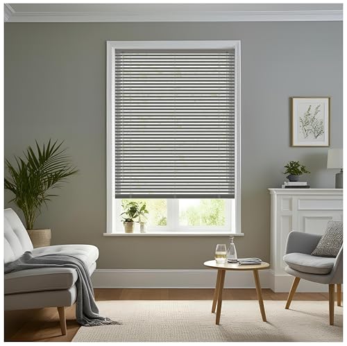 Image of J.Din Made to Measure Grey Plain PVC Window Venetian Blinds 25mm Slats, Easy Fit Windows Treatment Shutters Child Safe Fittings Home Office Curtains 60W x 150H cm