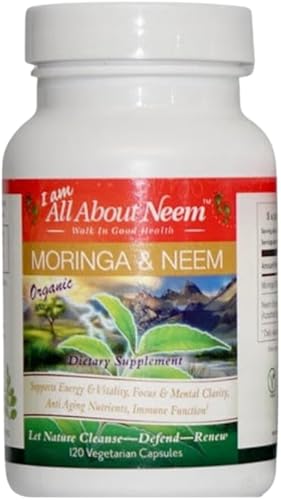 Moringa orgánica de 400 mg y hojas de neem de 500 mg cápsulas 120 unidades Nutrición desintoxicante y superalimentaria Vegana, libre de crueldad,