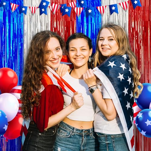 Image of OHOME 4th of July Decorations - American Flag Backdrop Streamers | Patriotic Memorial Day Decor for Indoor Outdoor Outside - 250th Anniversary Fourth of July Accessories Party Favors,2 Pack