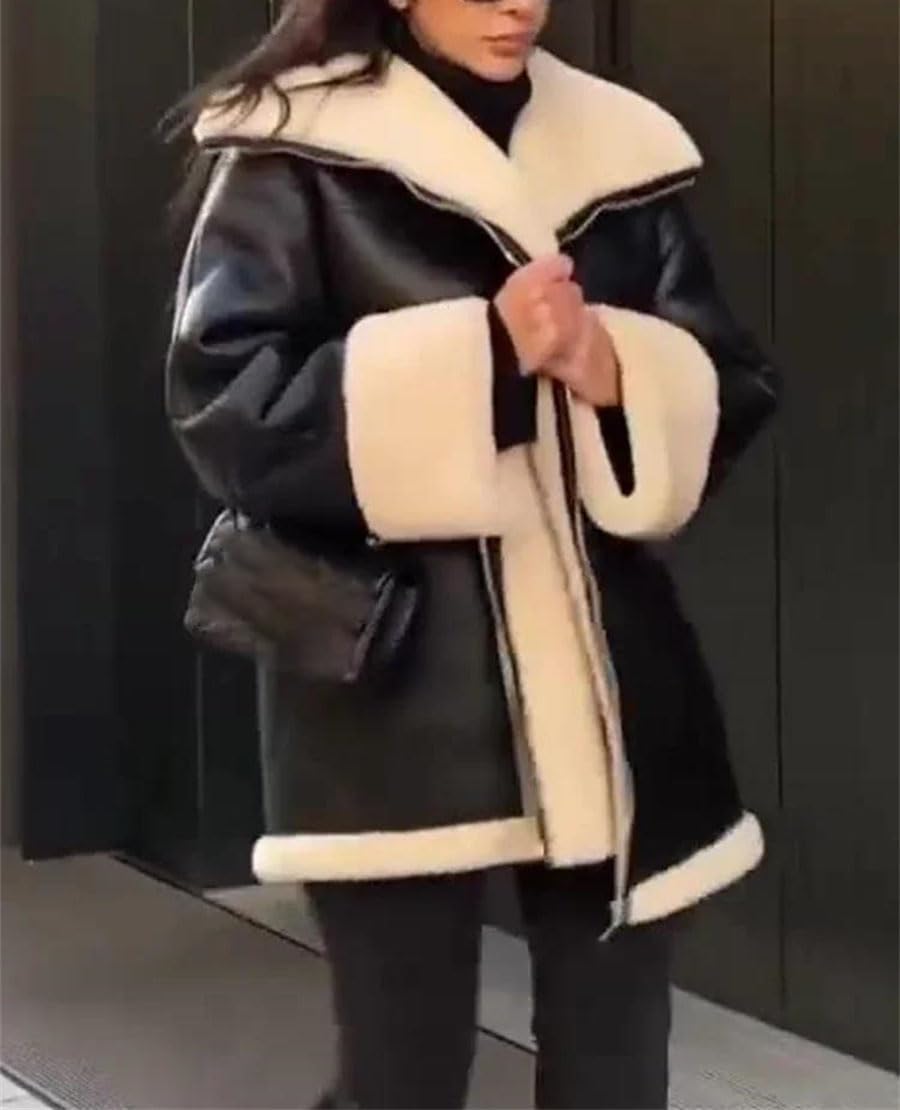 Faux Leather Jacket For Women Coats Winter Warm Zipper Long Sleeve Jacket
